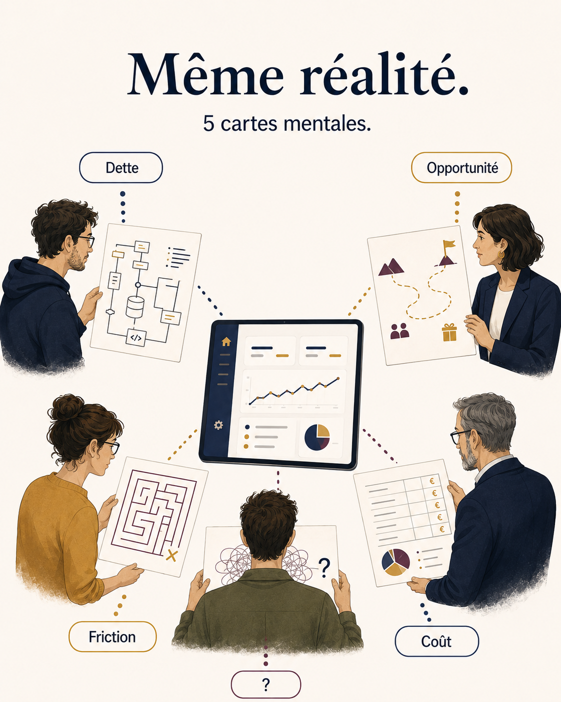 Visuel de femmes et d'hommes ayant une perception différente du même écran